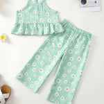 Kucnuzki Baby Girl Outfit 18 24 Months Girl Clothes Summer Toddler Clothes Cute Green Floral Beach Shirt Camisole Top with Long Leg Pants Two Piece Baby Outfit