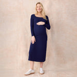 Motherhood Maternity Women's Long Sleeve Ribbed Square Neck Bodycon Casual Pregnancy Dress, Peacoat, Large