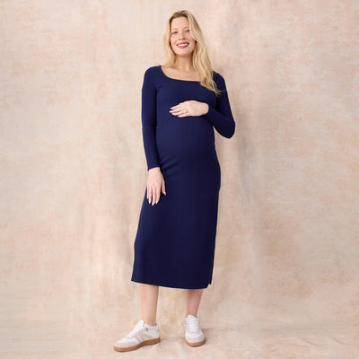 Motherhood Maternity Women's Long Sleeve Ribbed Square Neck Bodycon Casual Pregnancy Dress, Peacoat, Large