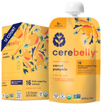 Cerebelly organic puree packaging for carrot pumpkin flavor on a white background