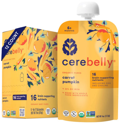 Cerebelly organic puree packaging for carrot pumpkin flavor on a white background