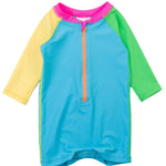 RUGGEDBUTTS Baby/Toddler Boy Swimsuit, One Piece Zipper Rash Guard Sunsuit with UPF 50+ Sun Protection - Neon Color Block, 3-6m