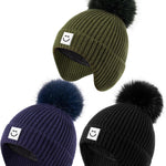 3 Pack Baby Winter Hats with Earflaps, 2 Size Kids Pom Pom Beanie for Infant Toddler Children, Smiley Face Hat for Girls Boys