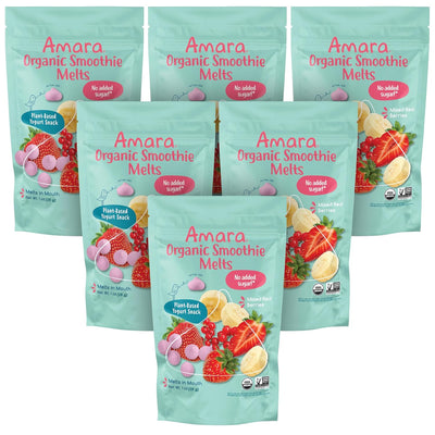 Multiple packages of Amara Organic Smoothie Melts on a white background