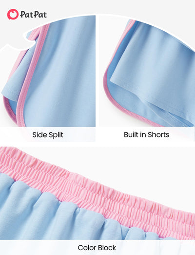 PATPAT Girls 2 Piece Outfits Size 7-8 Years, Blue Pink Color Block Tshirts and Skorts Clothing Sets, Girls Summer Outfits, Trendy Clothes Skirt Sets Summer Clothes Lounge Sets