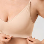 MOMANDA Sleep Nursing Bras for Breastfeeding Seamless Wirefree Maternity Bra V Neck Comfortable Bralette Beige Medium