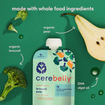 Cerebelly Organic Baby Food Pouches, Broccoli Pear Purees, 16 Nutrients, No Added Sugar, Fiber & Non-GMO, 4oz, 6 Pack