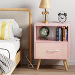 Aenuert Night Stand with Charging Station, Pink Kids Nightstand with Drawer, 2-Tier Nursery Bedside Table with USB Ports and Outlets, End Table for Small Space, Living Room, Bedroom