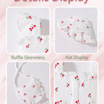 Vibebox Baby Girl Dresses 3-6 Months Ruffle Sleeveless Button Cotton Clothes Birthday Gifts Infant Girls 6 Months White Cherries Summer Beach Garden Party Wedding Casual Dress with Cute Hat and Bag