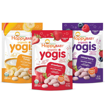 Three packages of Happy Baby organic yogis on a white background