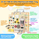 Wooden Busy Board with LED Light–Montessori Baby Learning Toys for Toddlers 1-4, Sensory Activity Board, Travel Toys & Educational Birthday / Christmas Music Gifts for 1+ Year Old Boy (Silver Handle)