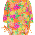RuffleButts Baby Girls UPF 50+ Sun Protection Novelty Print Long Sleeve One Piece Rash Guard Swimsuit with Zipper - Neon Squeeze The Day, 2T