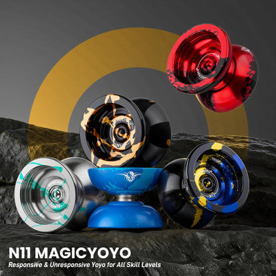 MAGICYOYO N11 Metal Professional Yoyo for Adults, Dual Purpose Unresponsive Yo yo for Stringk Trick, Responsive Yoyo for Kids 8-12 with 12 Yo-yo Strings, Responsive Bearing Kit (Black Golden)