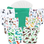 Set of baby diapers with animal prints and a green bag on a white background