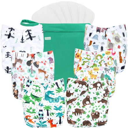 Set of baby diapers with animal prints and a green bag on a white background