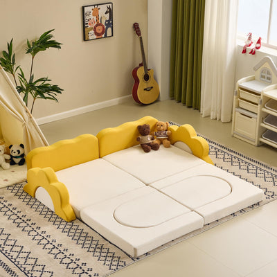 Karl home Kids Couch 12PCS, Modular Kids Play Couch, Indoor Multifunctional Foam Toddler Sofa with Flower Shape, Sectional Convertible Sofa Imaginative Furniture Play Set for Playroom, Yellow & White