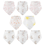 Set of baby bibs with various patterns on a white background