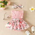 KAFIREN Baby Girl Dresses 9-12 Months Newborn Romper Dress Infant Lace Ruffle Sleeveless Summer Outfits with Headband Pink Flower 9-12 Months 100cm