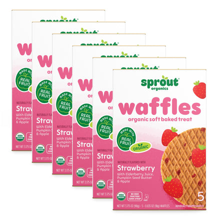 Multiple boxes of Sprout Organics Strawberry Waffles on a white background