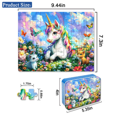 LELEMON Unicorn Puzzles for Kids Ages 4-8,60 Pieces Raibow Unicorns Cats Butterfly Jigsaw Puzzles in a Metal Box,Cute Raibow Unicornss Learning Educational Puzzles for Boys Girls