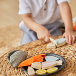 PlanToys® Wooden Pretend Play Seafood Platter Food Toy for Kids | Includes Fish, Prawn, Oyster, Knives & More | Montessori Role Play Kitchen Toy for Imaginative Learning