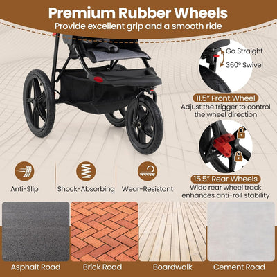 BABY JOY Jogging Stroller, Foldable Jogger Stroller with Adjustable Canopy & Backrest, Air-Filled Tires, Child & Parent Tray, Cup Holders, Storage Basket, Running Stroller for Babies Toddlers (Black)