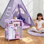 ECOLOVI Kids Nightstand 19in High for Floor Beds, 3-Tier Metal Small Bedside Table with Adjustable Storage Shelf, Basket & 3 S-Hooks, Low Nightstand for Nursery, Toddler Bedroom (Purple)