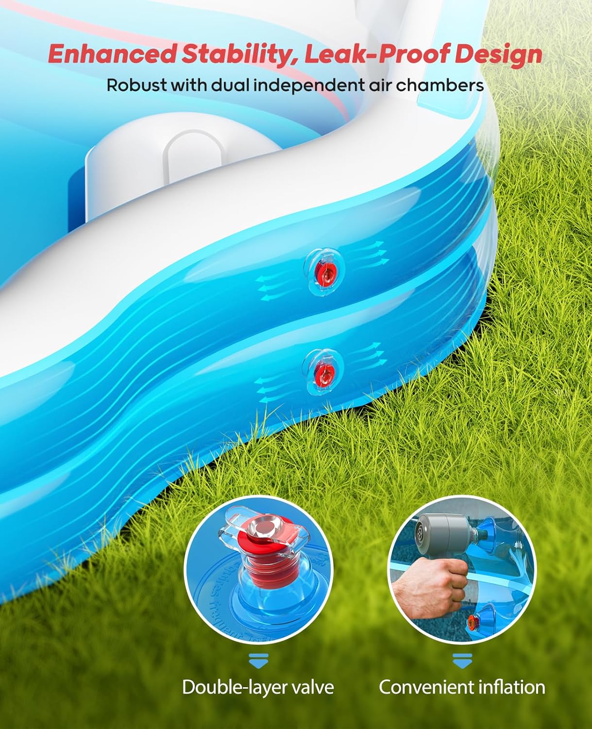 QPAU Inflatable Swimming Pool with 2 Seats and Backrests, 80" L x 80" W x 27" D Large Full-Sized Family Pools for Kids and Adults for Backyard, Garden, Outdoors, Blue