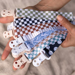 Baby Pacifier Clip Holder - Girl or Boy Unisex 4 Pack Gift Set – Neutral Modern Checker Stripes Gingham Plaid Herringbone Chevron Blue Green Gray Beige