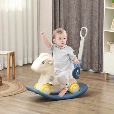 Qaba 4-in-1 Rocking Horse for Toddlers 1-3 Years, Baby Rocking Horse with Detachable Balance Board and Push Handle, Horse-Shaped Ride On Toy with 4 Smooth Wheels, for Baby Girls and Boys, Blue