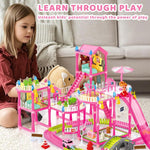 Doll House with Lights&Track Car Toy Set,Princess Dollhouse for Girls, 3 Dolls, Pets, Car, Furniture and Accessories, Design and Build Gift for 3 4 5 6 7 8+ Year Old Girls
