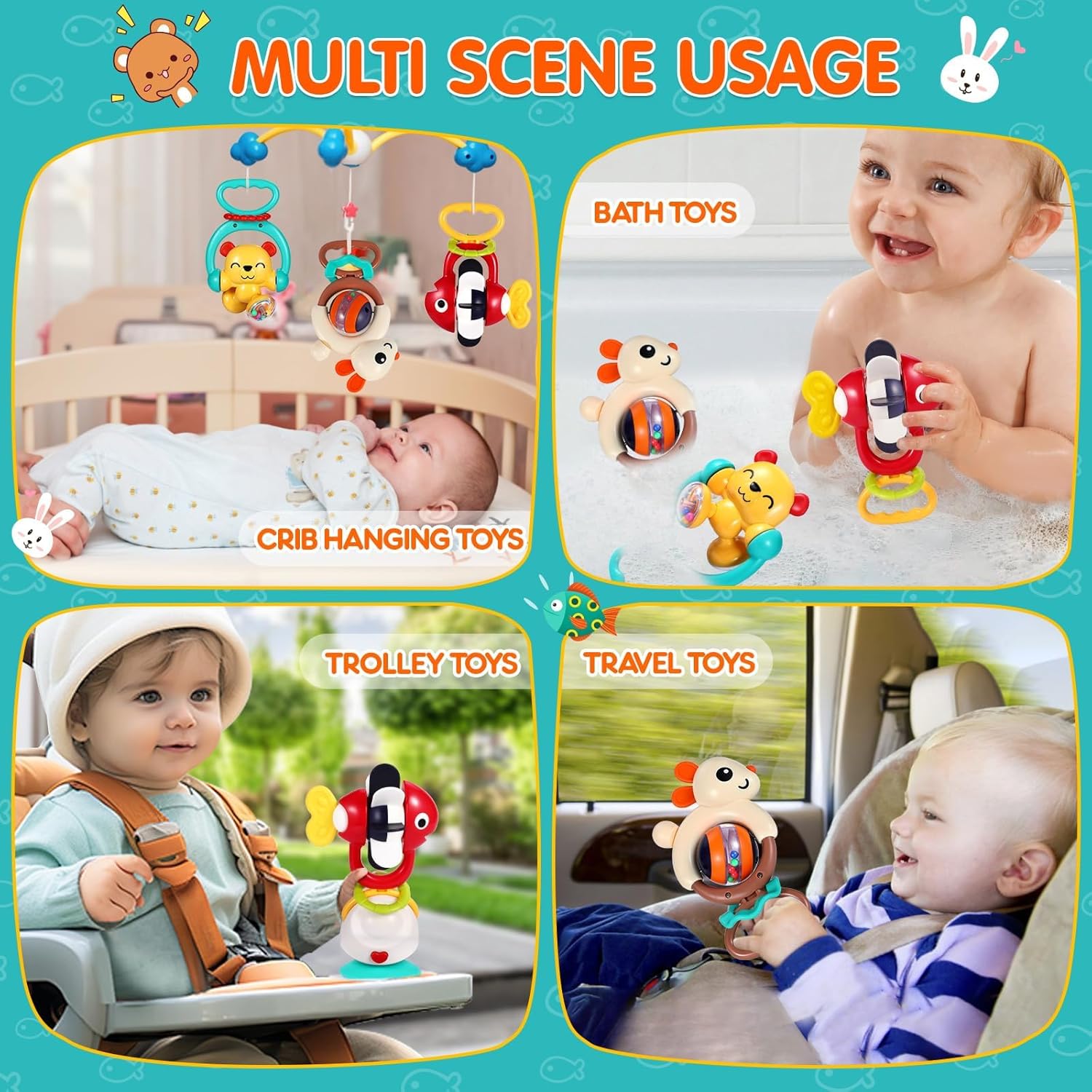 Baby Toys 6-12 Months Infant Toys Set of 3 High Chair Suction Cup Rattle Teething Toys for Baby 6 7 9 12-18 Months 2-in-1 Sensory Development Tray Toy Baby Gifts Boys Girls Easter Basket Stuffers