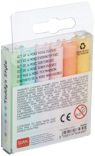 Legami Teddy’s Style Set of 6 Mini Highlighters, 1 x 7.5 cm, Yellow, Peach, Pink, Lilac, Light Blue, Light Green, for Precision Highlighting and Underlining