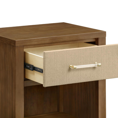 Namesake Eloise Assembled Nightstand in Natural Walnut and Performance Sand Eco-Weave Drawer Upholstery, Upper Drawer with Lower Shelf, Greenguard Gold Certified