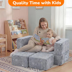 MeMoreCool Dinosaur Glow Foam Kids Play Couch Set, Gray Modular Sofa & Lounger – Glow-After-Light Dinosaur Pattern, Machine-Washable Cover