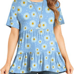 Xpenyo Women Tiered Maternity Top Fashion Short Sleeve Casual Pregnancy Blouse Shirts Light Blue Daisy S