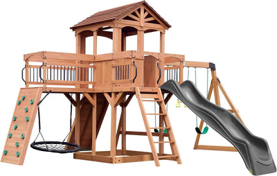 Backyard Discovery Sterling Point Cedar Wood Swing Set with Wave Slide, Raised Clubhouse, Wooden Bridge, Rock Wall, Belt Swings, Web Swing, Trapeze, Balcony, Climbing Wall, Ladder, Outdoor Playset