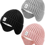 3 Pack Baby Beanie Hats with Earflaps, 2 Size Baby Winter Hat for Infant Toddler Kids, Fleece Lined Knit Hat for Girls Boys