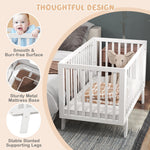 BABY JOY Wooden Baby Crib, Rubber Wood Mini Crib w/ 3-Height Adjustable Mattress Support Base & Full-Length Guardrails, Toddler Bedroom Furniture Fence Bed (White)