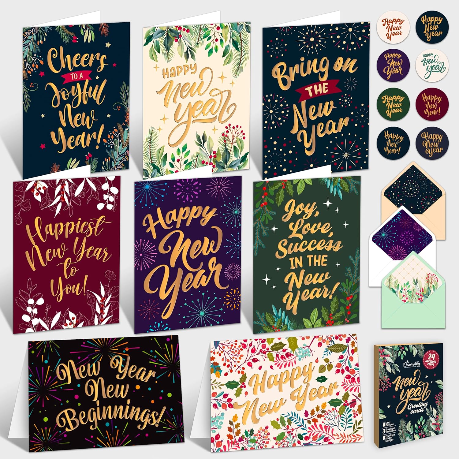 Decorably Special Season Cards with Envelopes & Stickers - 24 Pack Gold Foiled Happy New Year Cards with Envelopes & Stickers, Printed Message Inside 6x4in Happy New Year Card