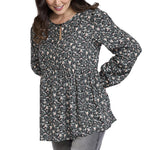 Motherhood Maternity Women’s Long Sleeve Empire Waist Keyhole Woven Pregnancy Blouse, Black Floral, Large