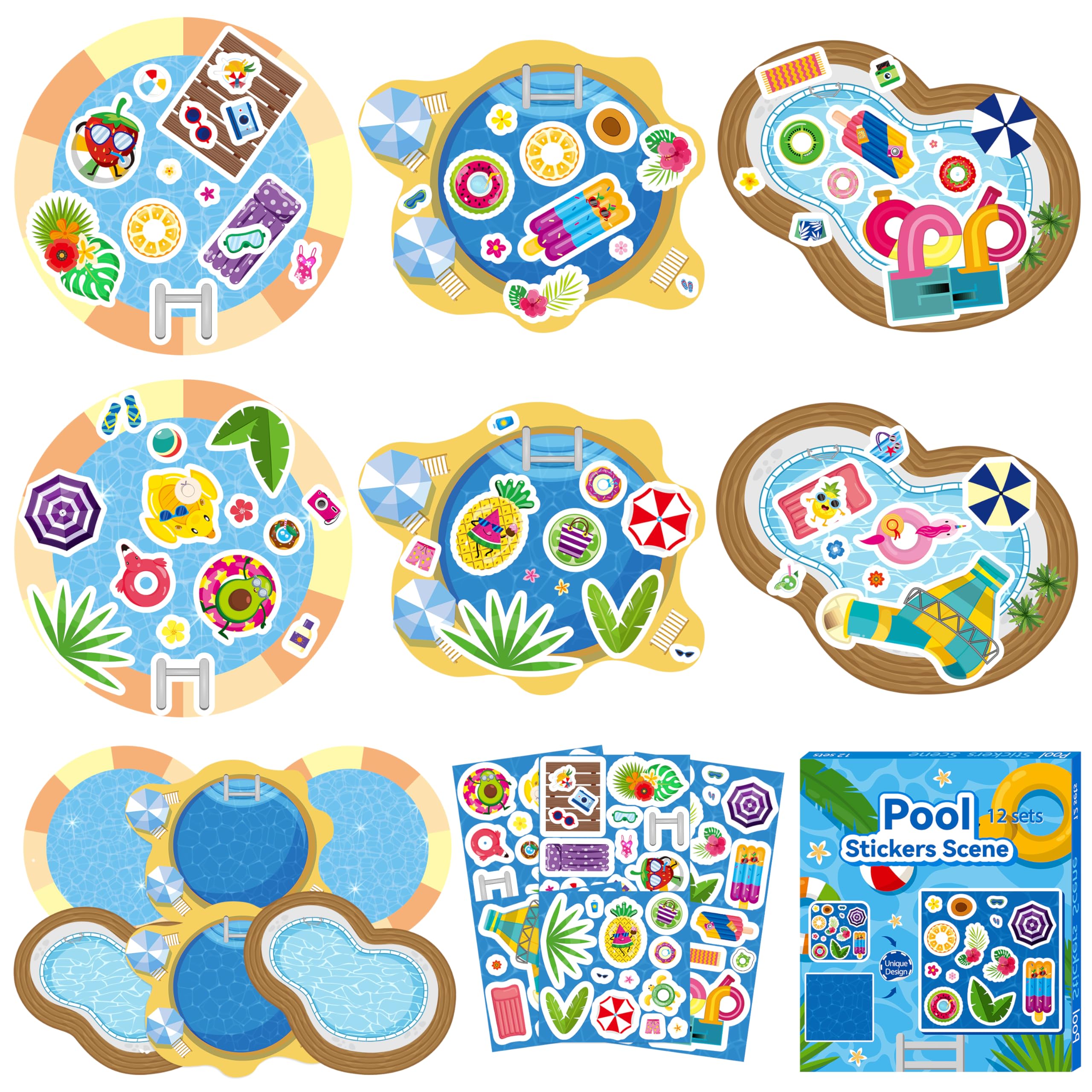 CY2SIDE Summer Beach Stickers - 12PCS Summer Drifting Bottles Sticker Art Craft for Kid Make Your Own Beach Sticker Scene with Pineapple Flamingo DIY Hawaii Party Game Class Fun Activities