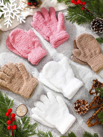 SATINIOR 6 Pairs Toddler Knitted Gloves Kids Winter Warm Stretchy Mittens Soft Lightweight Mittens for Boys and Girls(for 1-3 Years Old,White, Pink, Brown)