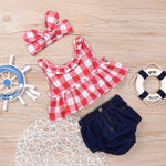 IWOKA Baby Girls Plaid Ruffle Bowknot Tank Top+Denim Shorts Outfit with Headband (80(6-12M), Red)
