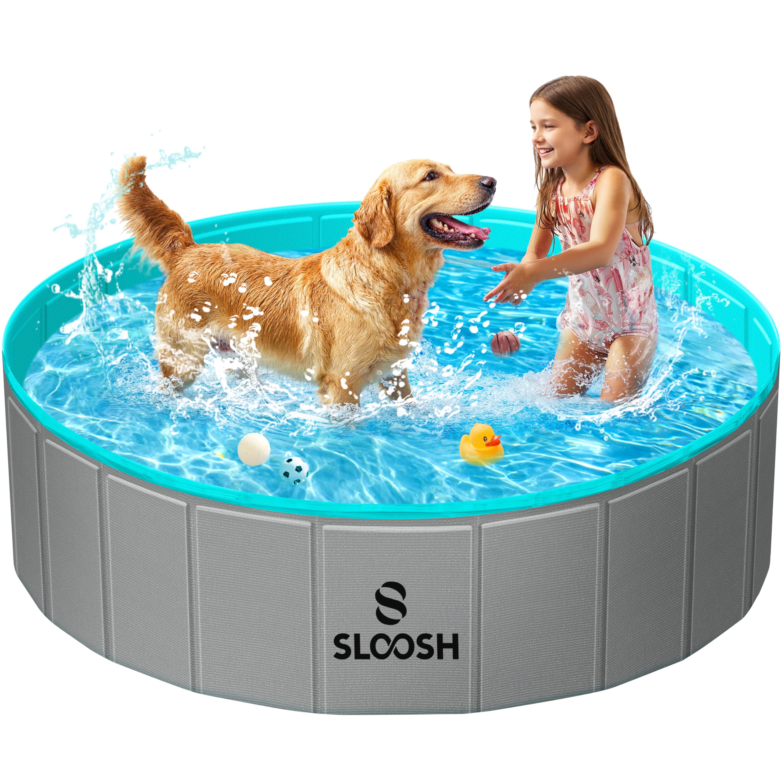 Sloosh Foldable Dog Kiddie Pool - Portable Hard Plastic Doggie Swimming Pool, Anti-Slip Collapsible Pets Bath Tub Suitable for Kids Indoor Outdoor Backyard Use (71" x 12", Blue)