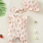 Renotemy Baby Girl Newborn Clothes Infant Summer Outfits Bubble Romper Cotton Linen Strawberry Sleeveless Bodysuit Jumpsuit with Hat&Headband Baby Shower Gifts Coming Home Outfit for 3-6 Months Girls