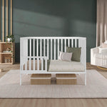 Dream On Me Synergy 5-in-1 Convertible Full-Size Baby Crib with Toddler, Day & Full Bed Conversion in White, GreenGuard Gold & BSA, 3 Mattress Heights, Sustainable Pinewood