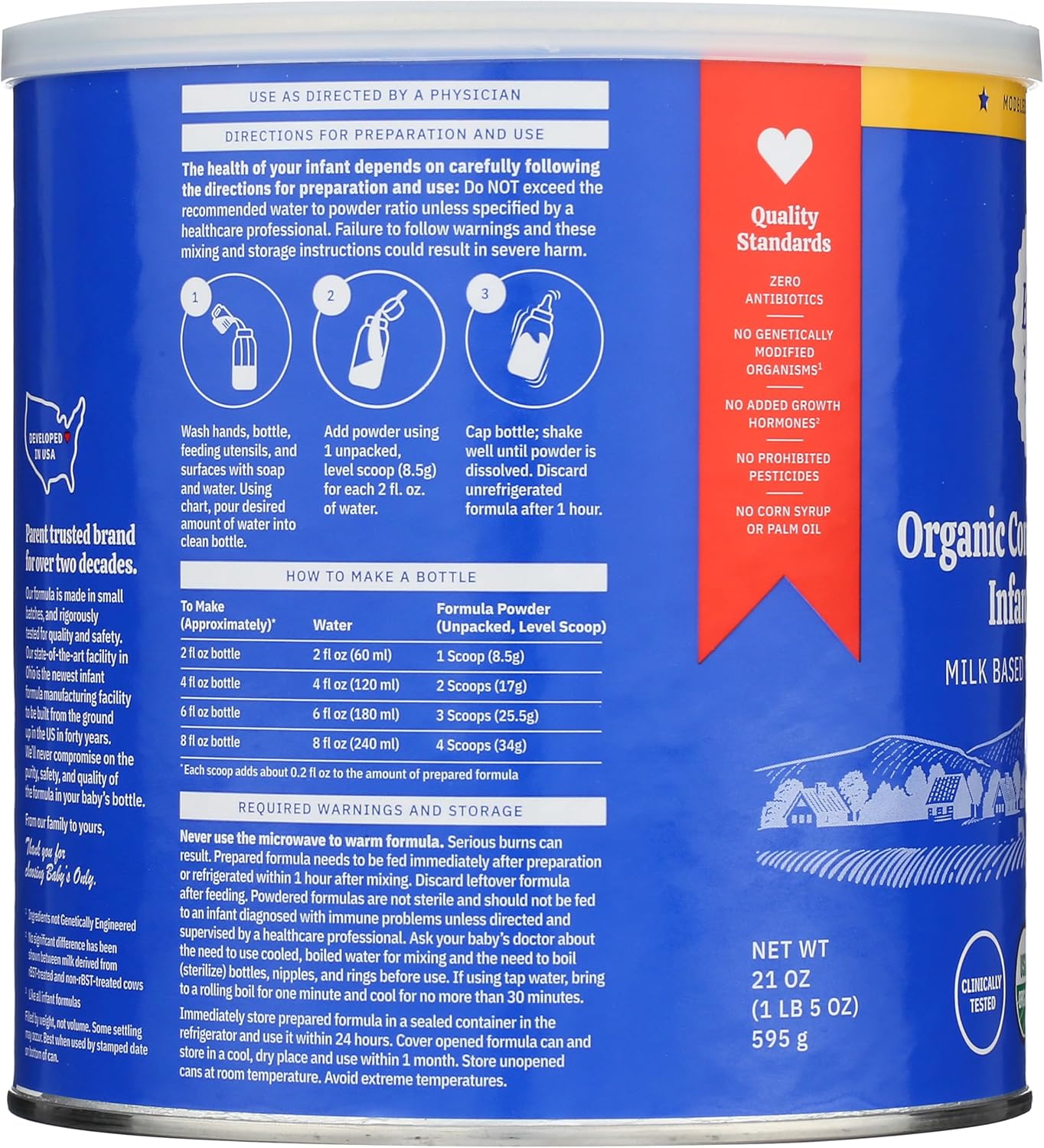 Baby's Only Organic Complete Nutrition Infant Formula, Milk Based Powder with Iron, Modeled After Breast Milk, Newborn to 12 Months Old, 21 oz, 1 Pack