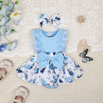 KAFIREN Baby Girl Clothes 3-6 Months Newborn Romper Dress Infant Lace Ruffle Sleeveless Summer Outfits with Headband Blue Flower 3-6 Months 80cm