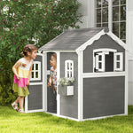 Outsunny Playhouse for Kids, Outdoor Wooden Playhouse with Floor, Door, Windows & Planter Box for 3-8 Year Olds, Backyard, Lawn, Garden, Gray